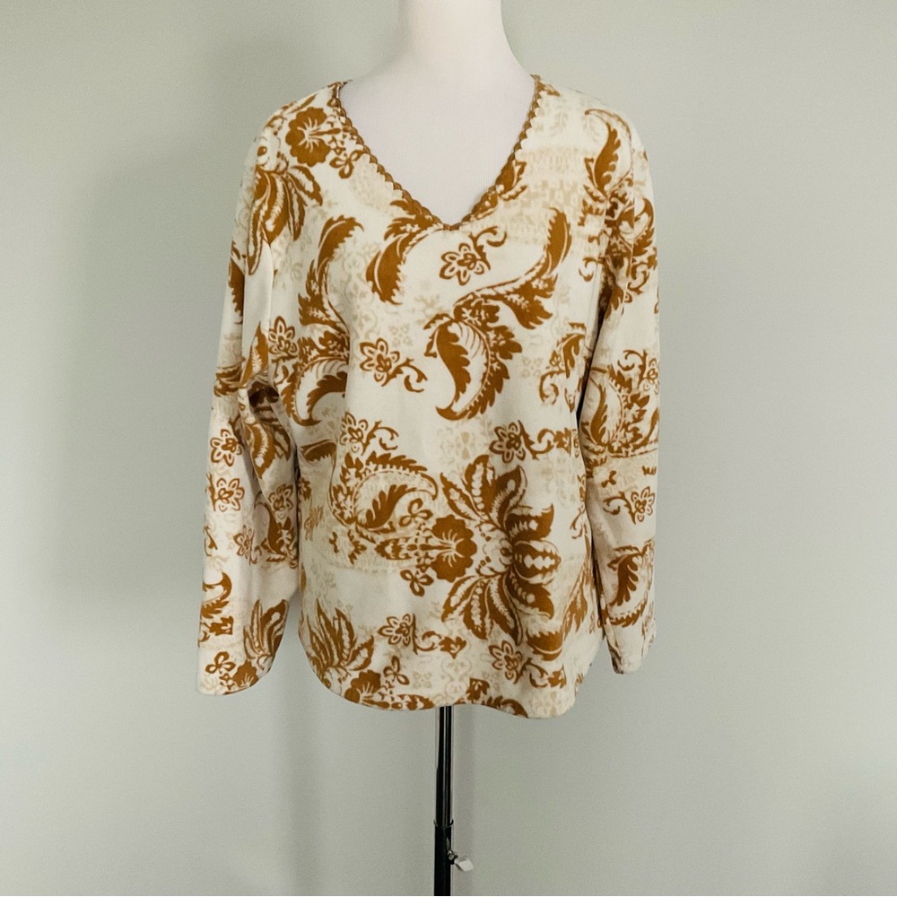 Women’s Coldwater Creek V Neck Long Sleeve Soft Plush Sweater Tan Paisley SZ 1X